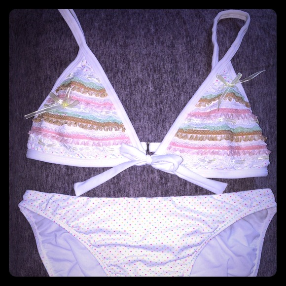 SOLD White polka dot bikini bathing suit ruffle - Picture 1 of 4