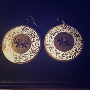 Large Round Plate Gold Elephant Earrings