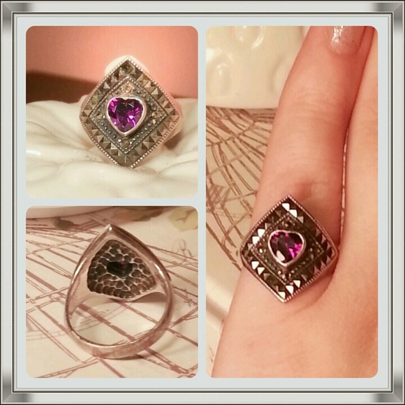 💍 Antique Sterling Silver Amethyst Heart Ring
