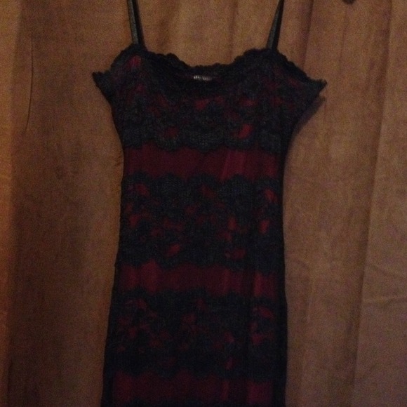 Black lace over burgundy full length column dress