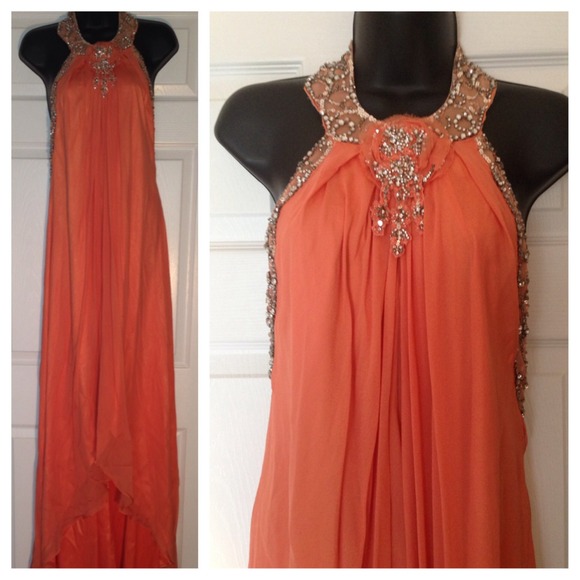 SOLD SOLD Mikael Aghal Peach Beaded Evening Gown