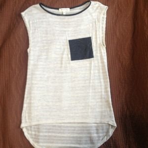 Sheer cream shirt w faux leather pocket and trim