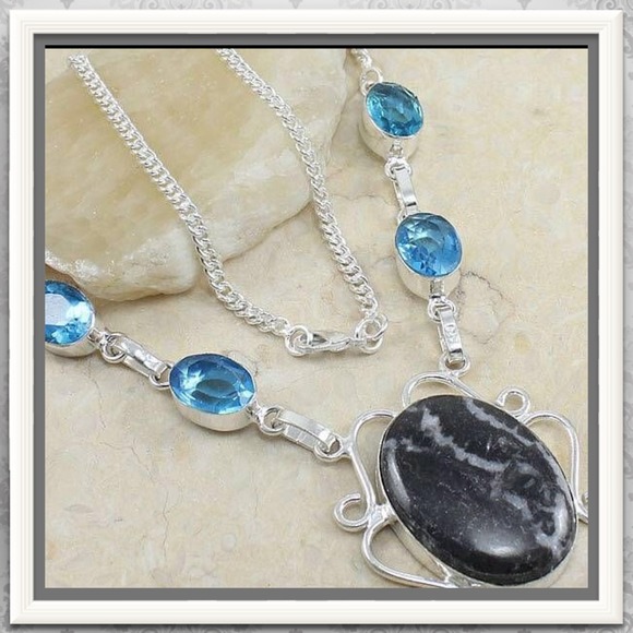 Jasper and blue topaz SS plated necklace