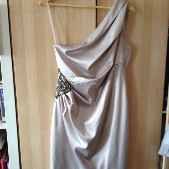 Satin One-Shoulder Bead Embellished Cocktail Dress - Picture 3 of 4