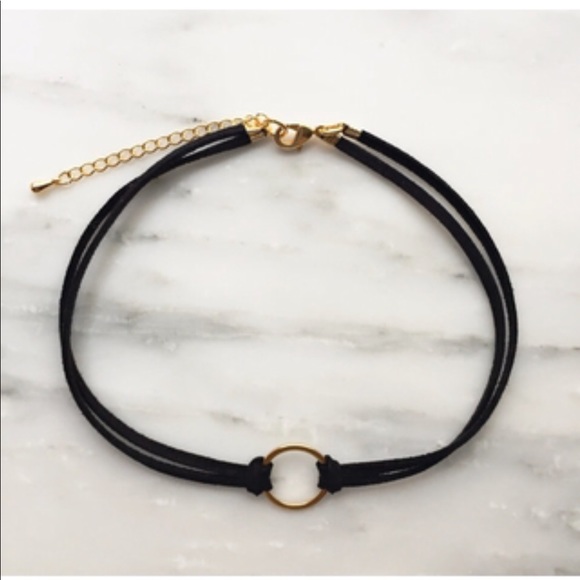 Gold circle and black suede choker necklace - Picture 2 of 7