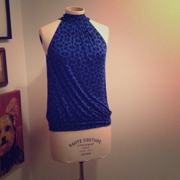 Michael Kors Navy Patterned Tie Neck Slvls Top S