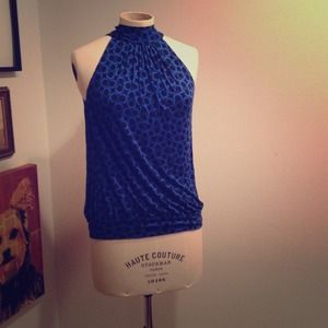 Michael Kors Navy Patterned Tie Neck Slvls Top S