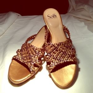 Sofft metallic woven leather sandals, cork heels