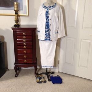 4 PC white beaded denim jacket and Capri pants