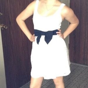 🔵White floral dress with blue bow belt