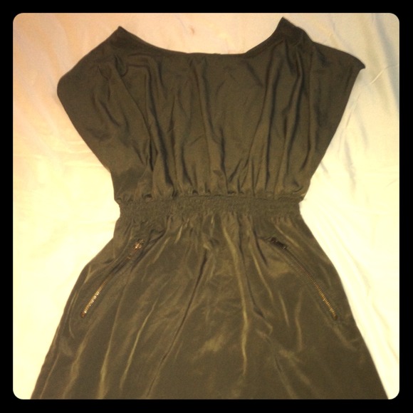 M - Olive Green Silk Feel Dress