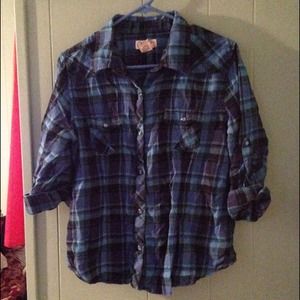 Girls blue plaid button up shirt
