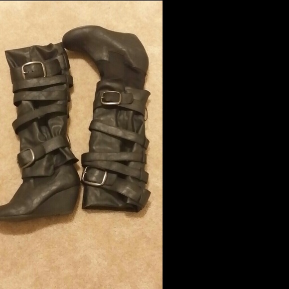 Black To The Knee Boots with Buckles