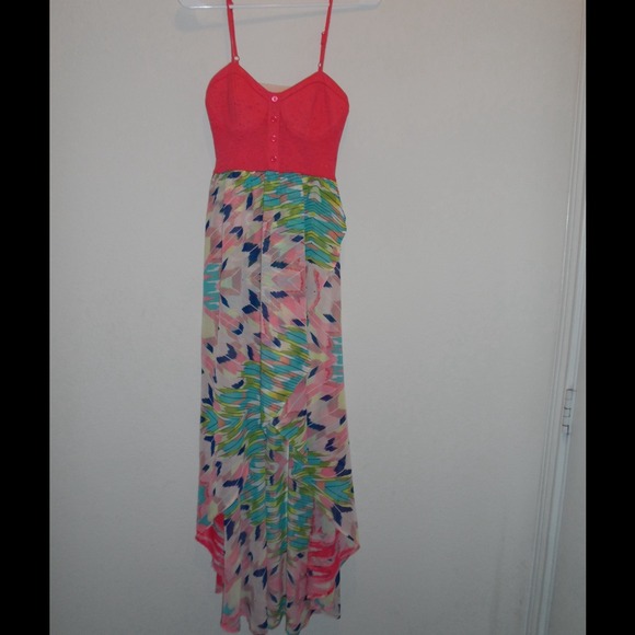 !!!!SOLD!!!!! Coral corset, floral hi-lo dress.