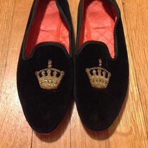 Vintage black velvet flats with beaded crowns