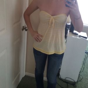yellow and white strapless top