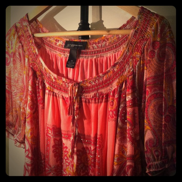 SOLD.  INC coral and fuschia peasant top size 1X