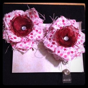 Name badge holder and matching hair accessory.