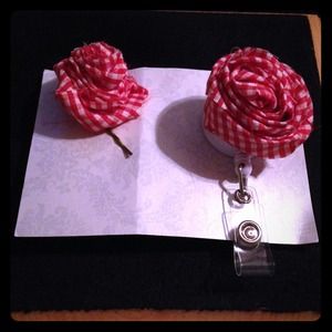Name badge holder and matching hair accessory.