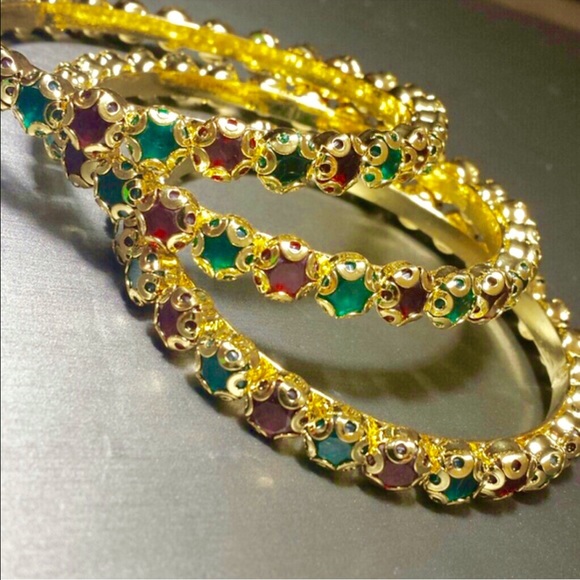 3 piece gold tone bangles with red & green stones - Picture 2 of 4