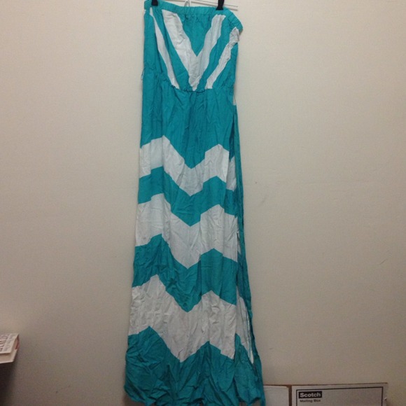 Teal and white strapless maxi summer dress