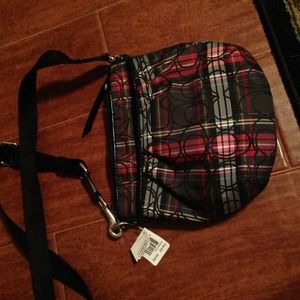 Black, red plaid Coach bag with bonus phone case