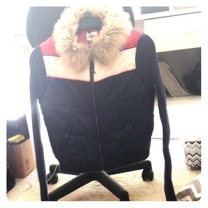 Navy blue pink and white puffy jacket