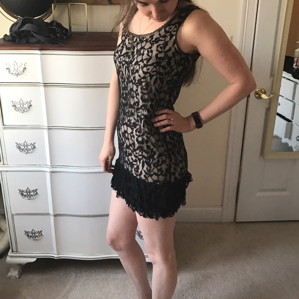 Black Lace Over Nude 1920s Inspired Dress