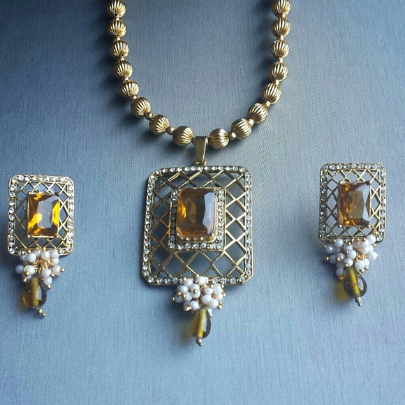 NECKLACE ONLY- Amber stone square necklace