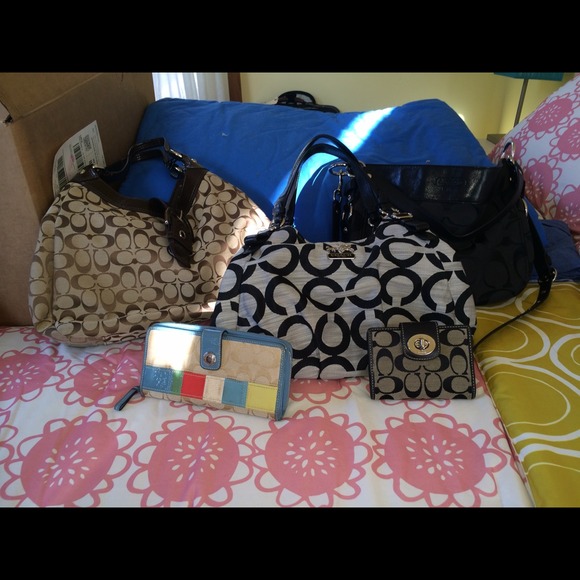 Three Coach Purses and Two Coach Wallets