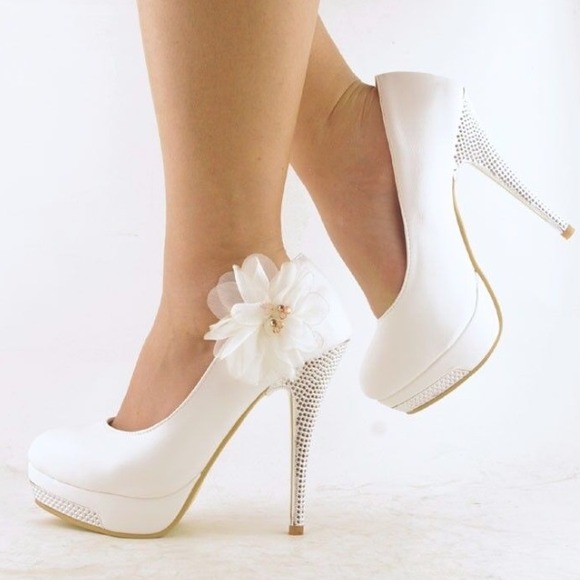 White high heel platform lace flower wedding shoes
