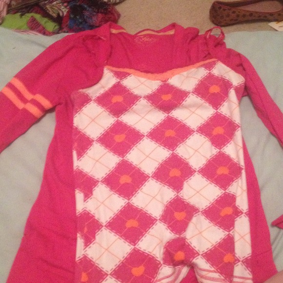 Pink and neon orange tank with cardigan.