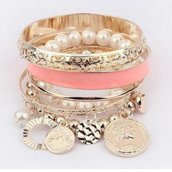 Jewelry - 6 individual bangles gold tone, enamel, faux pearl