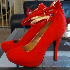 Red Suede Pumps with Ankle Strap