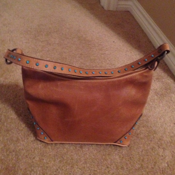 Cute brown handbag with turquoise stone detailing