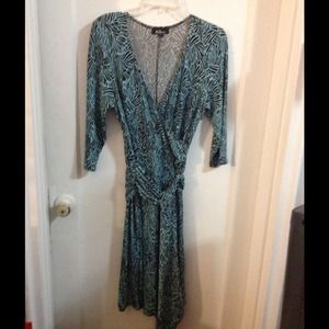 AGB Mock wrap knit dress in a jade/brown print