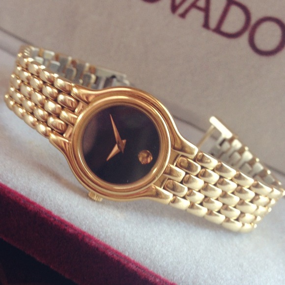 Movado Yellow Gold Plated Watch Black Dial Swiss - Picture 2 of 4