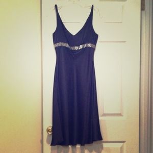 Black satin cocktail dress with silver beading
