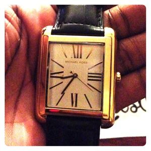 MICHAEL KORS Gold Rectangular Black Leather Watch