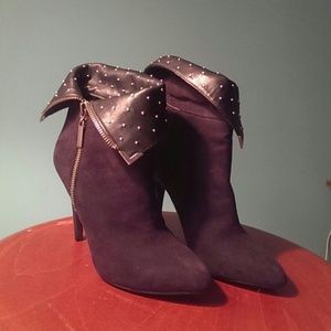Black faux suede, studded fold over bootie