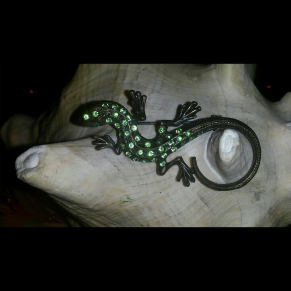 Green Rhinestine Gecko Brooch/Pin Vintage 2-3/4L