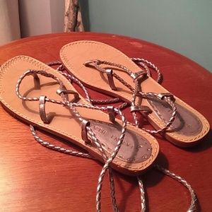Silver ankle wrap flat sandals