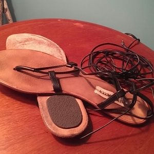 Black leather ankle wrap sandals