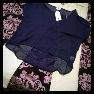 Blue sheer blouse, lime green pants