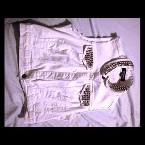 Studded white denim frayed vest