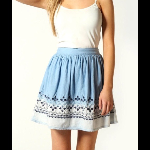 Boohoo Denim Embroidered Skater Skirt