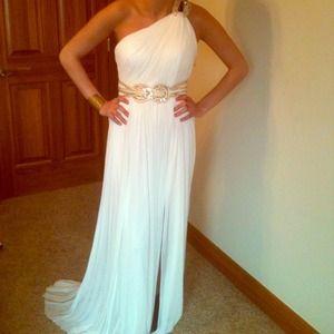 Ivory Greek goddess one shoulder prom dress.