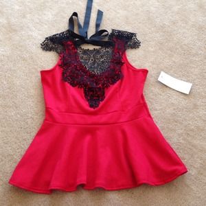 NWT Red Lace neck fashion top