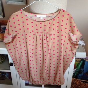 Loft tan and pink polka dot shirt