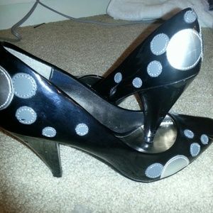 Black and silver spot heels